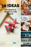A woodblock toy, a child showing his hands covered in paint, a kid drawing, and a shelf of handcrafted kitchenware