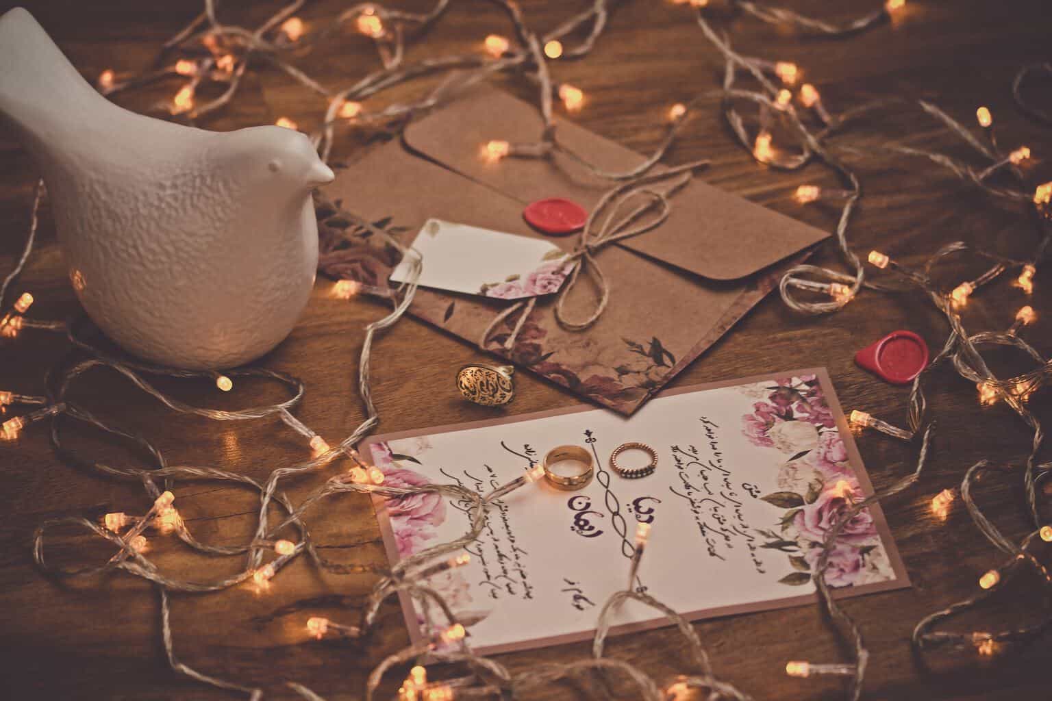 card with an envelope and fairy lights